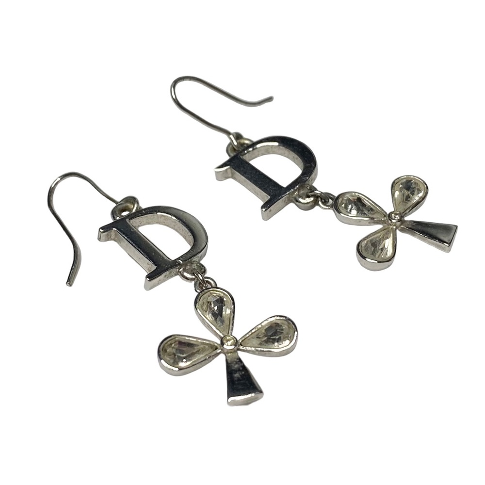 AUTH VTG Christian Dior Silver D Charm Logo Crystal Clover Dangle Hook Earrings - Picture 9 of 13